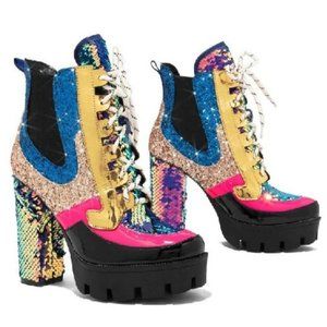 Sz 7.5 Cape Robbin Gold Glitter Platform Disco Boots - Chunky Mermaid Heel - NIB